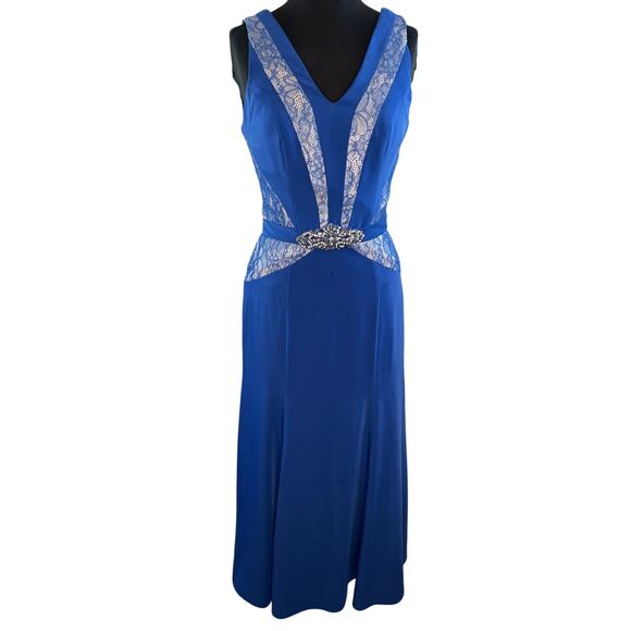 Camille La Vie Royal Blue Lace Trim Rhinestone Waist Long Formal Dress Prom 4 - Picture 1 of 13